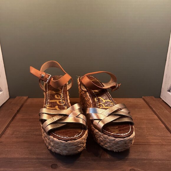 Sam Edelman Womens Wedge Wicker Platform Gold Sandals Size 9.5 - Picture 6 of 10